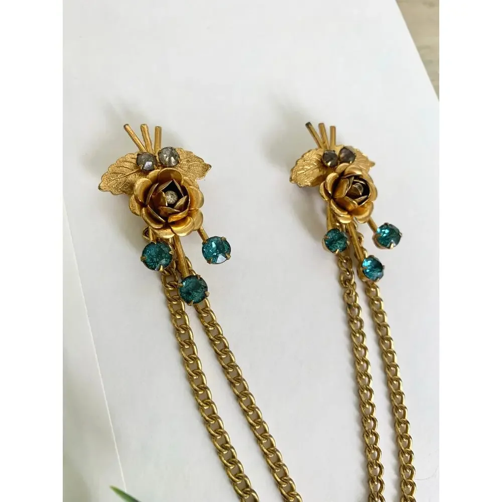 Vintage 1950s Sweater Clip Double Brooch Teal Rhinestone Gold Tone Chain Elegant